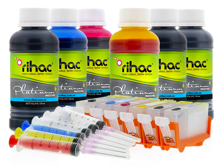 6 x Canon 520 & 521 Refillable Cartridges with Premium Refill Ink