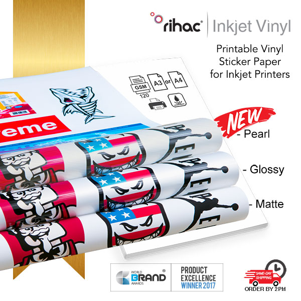 Inkjet printable vinyl sticker paper A4 A3 by rihac in gloss matte and pearl finish